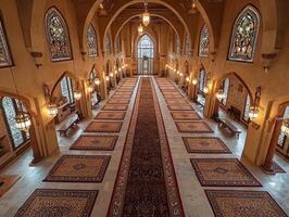Rows of intricately designed prayer mats are set in mosque open Mushafs on each mat. setting is vibrant and ready for worshippers during Eid al Fitr celebrations photo