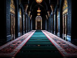 Rows of prayer mats are set for worshippers in mosque each open Mushaf. Intricate designs adorn walls enhancing sacred environment during prayers photo