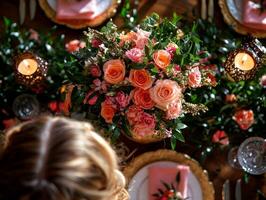 exquisite floral arrangement features fresh jasmine roses and greenery in golden vase. Surrounded candles and lanterns it sets beautiful atmosphere for Eid al Fitr festivities photo
