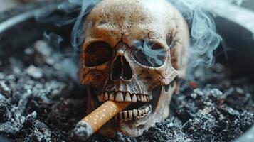 cigarette smolders in stylish black ashtray as smoke rises gradually taking shape of skull illustrating harmful effects of smoking. striking visual serves as warning photo