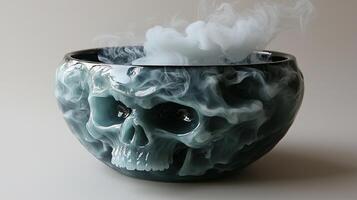 cigarette smolders in beautifully designed ashtray shaped like skull. Smoke rises from it forming striking silhouette of skull highlighting dangers of smoking photo