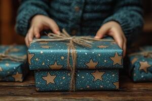 child is carefully wrapping special handmade gift for their mother using unique wrapping paper adorned hand drawn stars photo