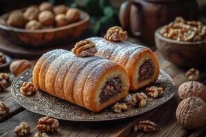 Freshly baked maamoul filled dates is presented on decorative metal plate surrounded walnuts and powdered sugar on rustic wooden table evoking festive traditions photo