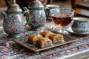 beautifully arranged dessert table features strong Arabic tea in decorative cups warm baklava on golden plate and intricately embroidered tablecloth creating festive atmosphere for Eid photo