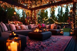 inviting outdoor patio is elegantly arranged for Iftar adorned fairy lights and glowing lanterns. low table is surrounded festive cushions flowers and warm candlelight photo