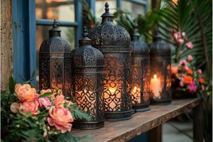 Moroccan style lanterns adorn wooden table surrounded candles and vibrant flowers setting warm ambiance for Eid al Fitr festivities and family gatherings photo