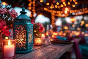 Moroccan style lanterns glow on wooden table adorned flowers and candles setting welcoming ambiance for Eid al Fitr festivities during family gathering photo