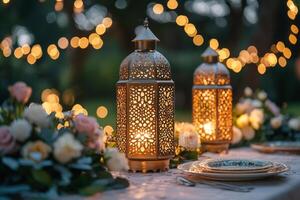 beautifully set dining table awaits guests for Ramadan feast decorated golden lanterns fresh flowers and illuminated soft candlelight creating inviting atmosphere for celebration photo
