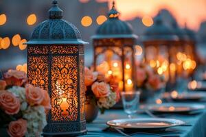 beautifully arranged dining table celebrates spirit of Ramadan golden lanterns vibrant flowers and elegant plates. soft glow of candlelight enhances intimate gathering photo