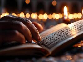 Hands are raised in Dua warm candlelight open Quran in foreground featuring intricate Arabic calligraphy highlighting spiritual essence of Eid al Fitr photo