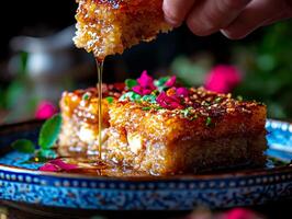 Hands break piece of warm Kunafa showing melted cheese inside while syrup drips down. delicious dessert is served on decorative blue plate during Eid festivities photo