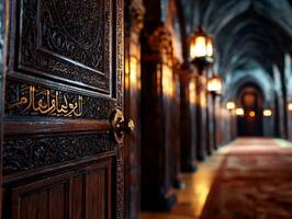 Intricate Arabic calligraphy decor made from wood is beautifully illuminated delicate lanterns creating warm atmosphere for family gatherings during Eid celebrations photo