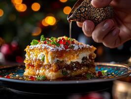 Warm kunafa is broken apart showcasing gooey cheese inside and golden crispy layers beautifully presented syrup on blue plate perfect for festive gatherings photo