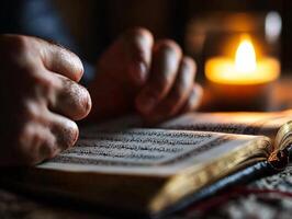 Candlelight flickers as hands are raised in sincere prayer open Quran in view embodying spirit of unity and reflection during Eid al Fitr festivities family photo