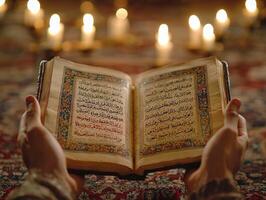 Hands are lifted in Dua warm candlelight open Quran in focus. moment reflects essence of Eid al Fitr highlighting family traditions and spiritual connection photo