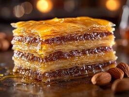 Crispy layers of golden phyllo dough filled nuts and drenched in honey create mouthwatering dessert photo