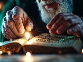 In close up setting hands are raised in Dua warm candlelight glow. open Quran intricate Arabic calligraphy sits in foreground symbolizing devotion during Eid al Fitr photo
