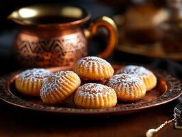 tray of warm maamoul cookies dusted powdered sugar is set on copper serving platter. golden light enhances intricate patterns perfect for Eid family gatherings and celebrations photo