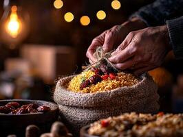Close up of hands expertly tying bag filled rice and dates part of Ramadan food donation. Stacks of supplies gently blur in background symbolizing generosity and community photo