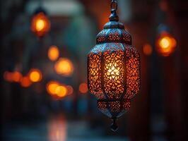 beautifully decorated lantern hangs illuminating wall golden patterns. scene captures essence of Ramadan festivities evoking warmth and tranquility photo