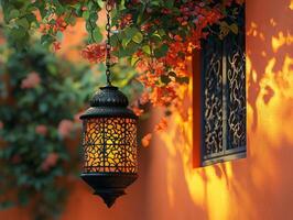 Intricate metal patterns of hanging lantern illuminate richly colored wall highlighting beauty of Ramadan celebrations and creating peaceful ambiance photo