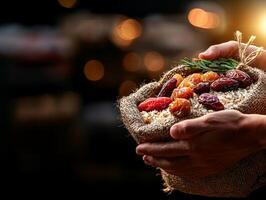 Hands skillfully tie burlap bag filled rice and dates preparing for Ramadan food donation amidst stacks of food supplies softly blurred in background photo