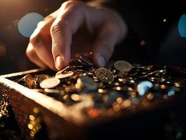 Coins are being carefully placed into charity box illuminated soft golden light highlighting rich texture of wooden surface embodying spirit of giving during festive occasion photo