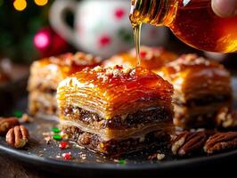 hand gently pours honey over layers of baklava enhancing its golden glow warm lighting. Decorative teapot and nuts complement traditional Eid dessert signaling celebration photo