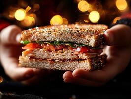 Two children share sandwich their hands gently exchanging food in warm setting highlighting spirit of kindness and unity common during Eid al Fitr celebrations photo