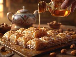 Golden layers of baklava glisten as honey is poured over them. decorative teapot and nuts are elegantly displayed in warm light creating festive atmosphere photo