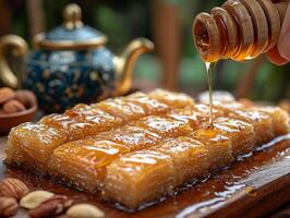 hand drizzles honey over layers of flaky baklava as warm lighting highlights its golden color. decorative teapot and assortment of nuts enhance festive atmosphere during Eid photo