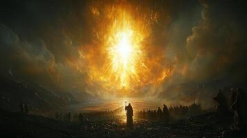 Moses stands his staff raised parting Nile's waters as Israelites walk forward in awe illuminated divine light amidst dark clouds symbolizing hope and liberation photo