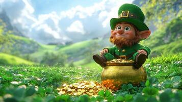 playful leprechaun mischievous grin sits atop gleaming pot of gold surrounded rolling green hills and vivid rainbow clear blue sky seeming guard his precious treasure photo