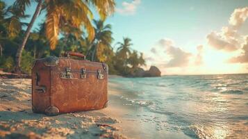 vintage inspired geolocation pin captures wanderlust set on tropical beach. pin reflects travel elements like suitcases boarding passes and passports inviting exploration photo
