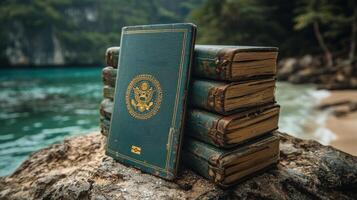 creative geolocation pin crafted from old suitcases boarding passes and passports inspires adventure tropical beach in background symbolizing exploration and travel photo