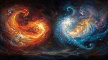 vibrant portrayal of earliest moments after Big Bang where particles of hydrogen and helium swirl together beginning form universe's first stars against dark backdrop photo