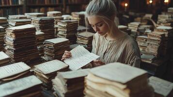 vintage wooden desk is cluttered yellowed letters sealed wax. woman's delicate fingers gently unfold handwritten note illuminated soft candlelight revealing intimate secret photo