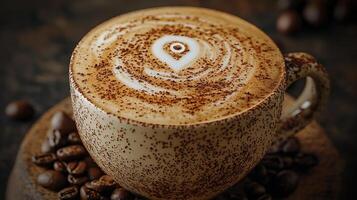 Close up view of creamy latte artfully topped cocoa powder forming geolocation pin. detailed design enhances inviting coffee shop atmosphere photo