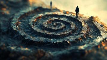 minúsculo cifras navegar vasto Roca laberinto lleno antiguo símbolos y de ensueño imágenes buscando para comprensión en medio de alfombrilla de ratón oscuridad y vertiginoso perspectivas foto