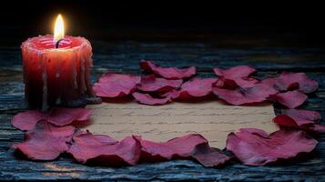 vintage writing desk illuminated flickering candle creates warm atmosphere. delicate quill dips into deep red ink beside half written confession surrounded rose petals photo