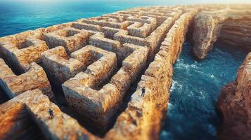 vast labyrinth of stone unfolds against sea backdrop filled tiny figures navigating complex pathways adorned mysterious ancient symbols embodying journey of human mind photo