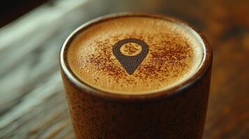 advertisement showcases close up view of latte unique geolocation pin design drawn in cocoa powder on foam emphasizing rich texture and artistry in coffee photo