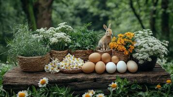 rustic altar displays fertility symbols including eggs hares sprouting plants and woven baskets amidst lush meadow blooming trees and buzzing bees celebrating new life photo
