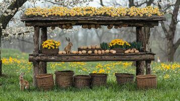 Colorful symbols of fertility are thoughtfully arranged on rustic altar. Set in lush meadow altar features eggs hares and blooming plants surrounded nature's beauty photo