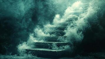 Delicate white feathers form floating staircase appears weightless in softly lit ethereal environment. Mist surrounds steps enhancing dreamlike quality photo