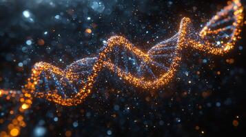Stylized DNA double helix illuminates cosmic atmosphere glowing blue and gold particles. stunning representation embodies beauty and innovation in genetics photo
