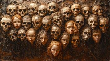 Countless overlapping human faces shifting expressions emerge from massive ancient mirror. Joy and sorrow blend together capturing fluidity of identity through time photo