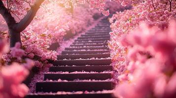 breathtaking spiral staircase entwined cherry blossom branches showcases steps covered in soft pink petals. Sunlight streams through creating warm and magical atmosphere photo