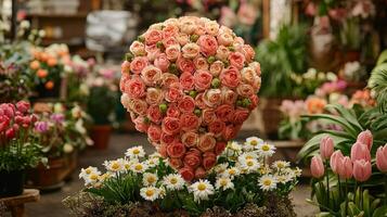 artistic geolocation pin is crafted from fresh flowers showcasing blend of colors and textures. stunning arrangement symbolizes family traditions and unity during festive occasions photo