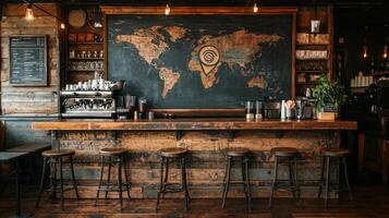 Inside trendy coffee shop beautifully crafted chalkboard menu highlights best espresso and latte options. Warm lighting complements artistic coffee bean design photo